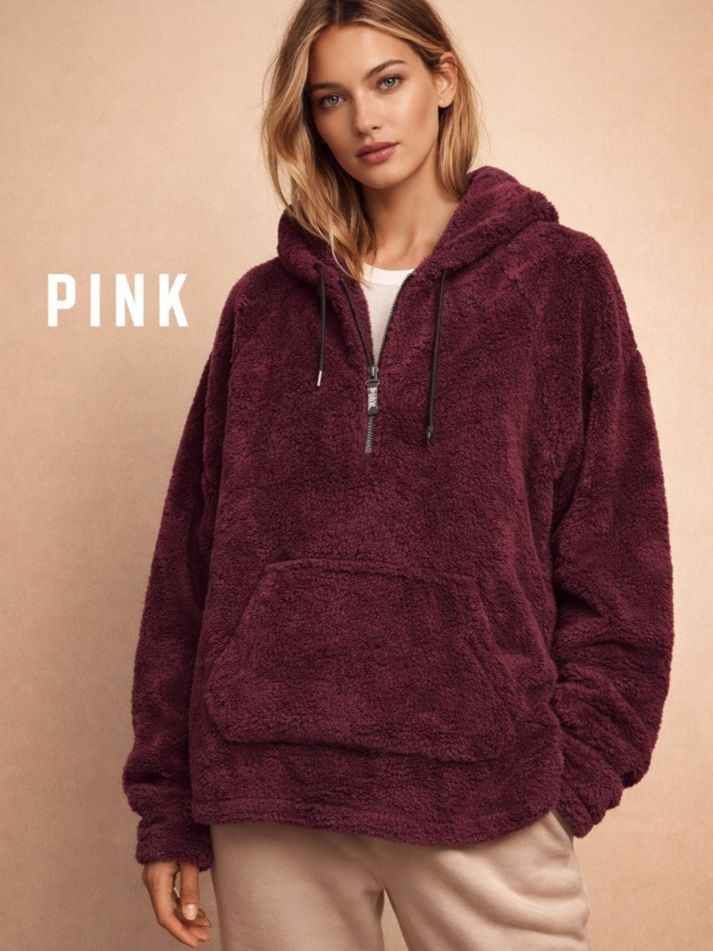 PINK Victoria’s Sherpa Hoodie Pullover Cozy Fleece Oversized Lounge Trend Viral